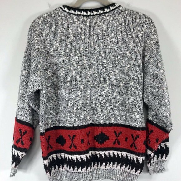 Vtg 90s Sweater Slouchy Gray Black Red Graphic Knit Top Size Small Arrows USA - Picture 2 of 5